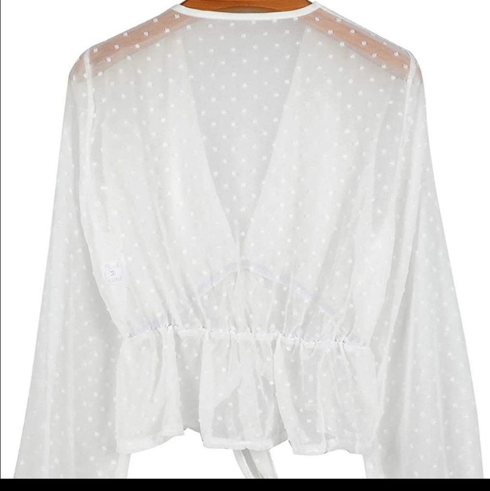 Women's Solid Open Front Tie Knot Long Sleeve Top - Picture 4 of 4